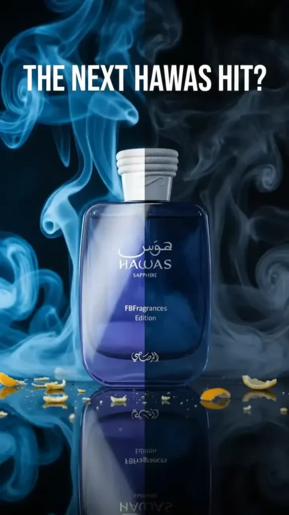 Hawas Sapphire fragrance bottle against blue smoke
